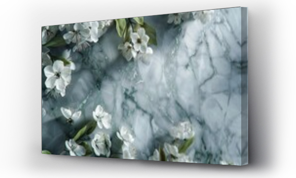 Wizualizacja Obrazu : #760436127 Wiosenne kwiaty i li?cie na marmurowym tle, uchwycone w wyj?tkowej fotografii o eleganckim stylu.