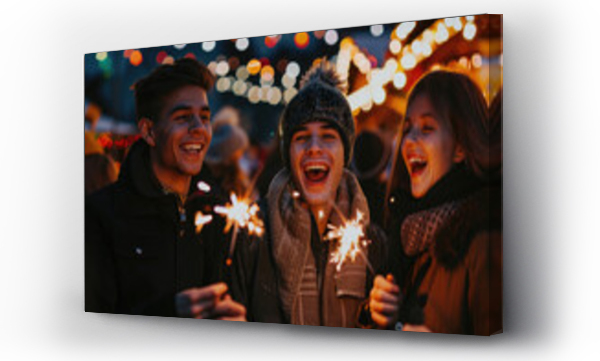 Wizualizacja Obrazu : #762892144 photo of young friends having fun with sparklers at a Christmas market, happy people celebrating the winter holiday in a city square