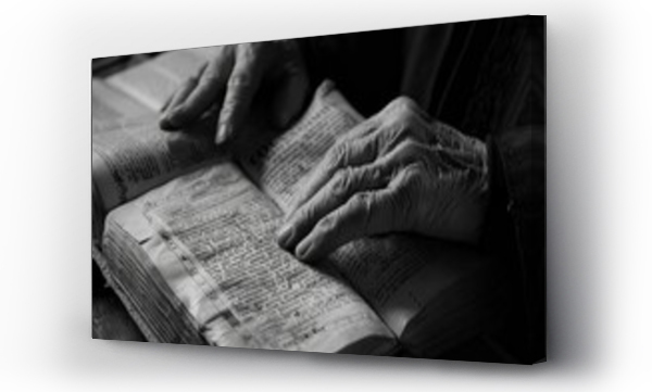 Wizualizacja Obrazu : #763172245 Closeup of hands holding an open book, flipping through pages of sacred text or scripture, illustrating study and reverence for spiritual teachings