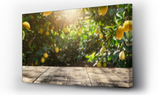 Wizualizacja Obrazu : #763360653 Empty wooden kitchen table over lemon fruit garden background