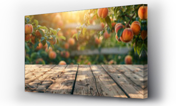 Wizualizacja Obrazu : #763368739 Empty wooden kitchen table over peach fruit garden background