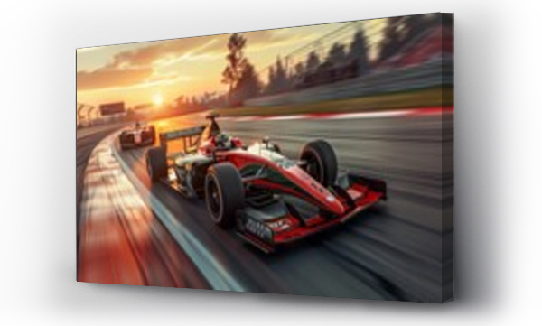 Wizualizacja Obrazu : #763502901 Motion blur, Race driver and race car racing on speed track, Car race on asphalt race track crossing finish line.