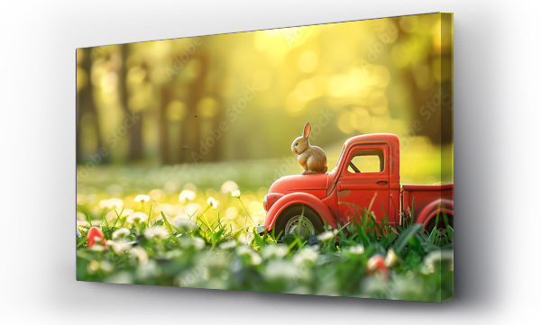 Wizualizacja Obrazu : #763639614 Red toy retro car with easter rabbit on the roof on fairytale spring field. Car with bunny on green natural blurred background. Greeting card or festive banner with copy space