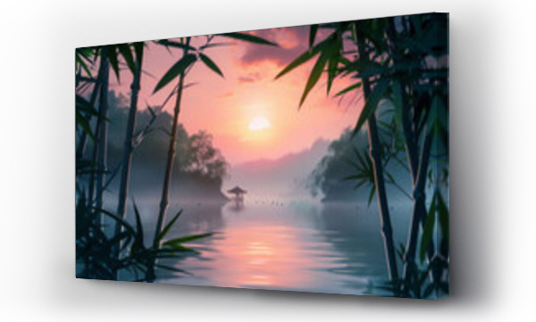 Wizualizacja Obrazu : #763659899 Calm river with Asian traditional house and bamboo trees frame at morning sunrise