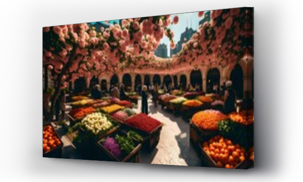 Wizualizacja Obrazu : #764128341 A city plaza alive with vibrant flower markets, harmonizing natures colors with modern architecture.