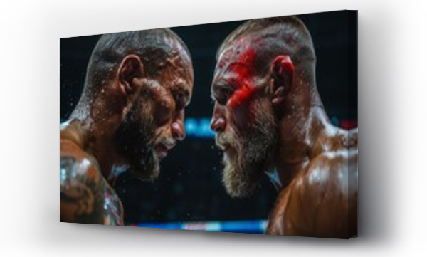 Wizualizacja Obrazu : #764172494 Two boxers, faces tense and bloodied, engage in a close face-off in the intensity of post-fight adrenaline
