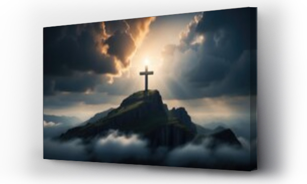 Wizualizacja Obrazu : #764893129 Majestic Cross on a Mountain Summit at Sunrise