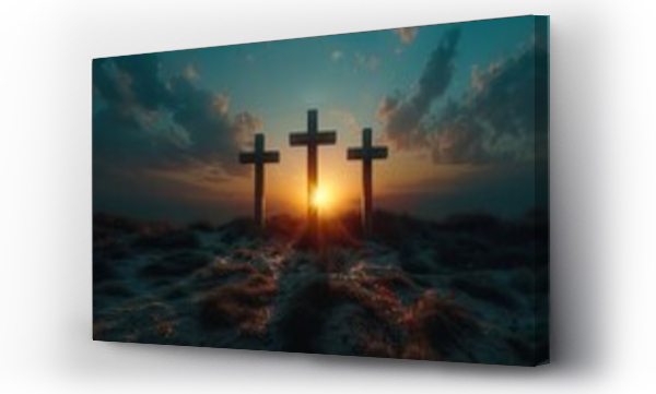 Wizualizacja Obrazu : #765055291 Three wooden crosses on a hill at sunset