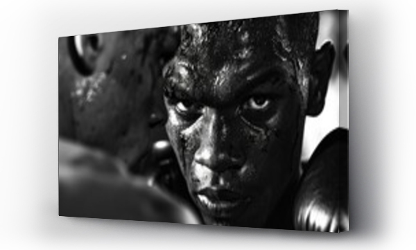 Wizualizacja Obrazu : #765671808 A black and white image of a boxers face, bloodied but determined, staring intently at their opponent during a heated match. Highlight the grit and resilience of athletes.
