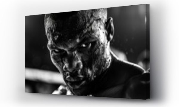 Wizualizacja Obrazu : #765671952 A black and white image of a boxers face, bloodied but determined, staring intently at their opponent during a heated match. Highlight the grit and resilience of athletes.
