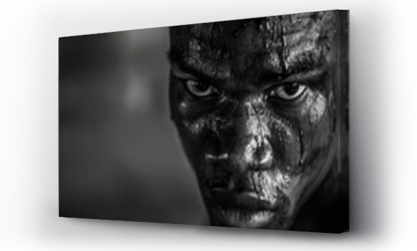 Wizualizacja Obrazu : #765671958 A black and white image of a boxers face, bloodied but determined, staring intently at their opponent during a heated match. Highlight the grit and resilience of athletes.