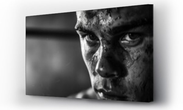 Wizualizacja Obrazu : #765672121 A black and white image of a boxers face, bloodied but determined, staring intently at their opponent during a heated match. Highlight the grit and resilience of athletes.