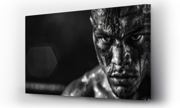 Wizualizacja Obrazu : #765672276 A black and white image of a boxers face, bloodied but determined, staring intently at their opponent during a heated match. Highlight the grit and resilience of athletes.