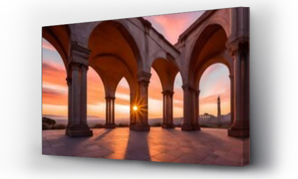 Wizualizacja Obrazu : #765882049 The iconic arches of a historic monument silhouetted against the soft hues of dawn, as the first light of morning gently kisses the horizon.