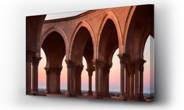 Wizualizacja Obrazu : #765882079 The iconic arches of a historic monument silhouetted against the soft hues of dawn, as the first light of morning gently kisses the horizon.