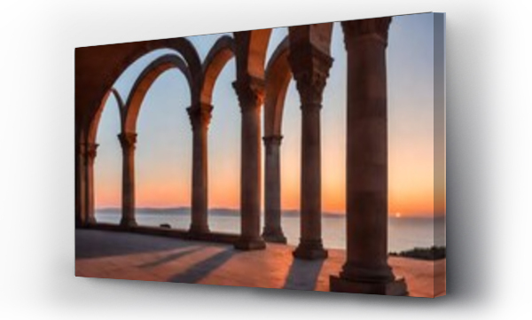 Wizualizacja Obrazu : #765882080 The iconic arches of a historic monument silhouetted against the soft hues of dawn, as the first light of morning gently kisses the horizon.