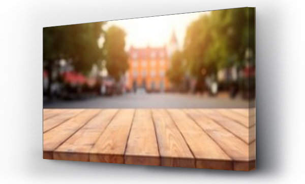 Wizualizacja Obrazu : #766488553 The empty wooden table top with blur background of town square. Exuberant image. generative AI