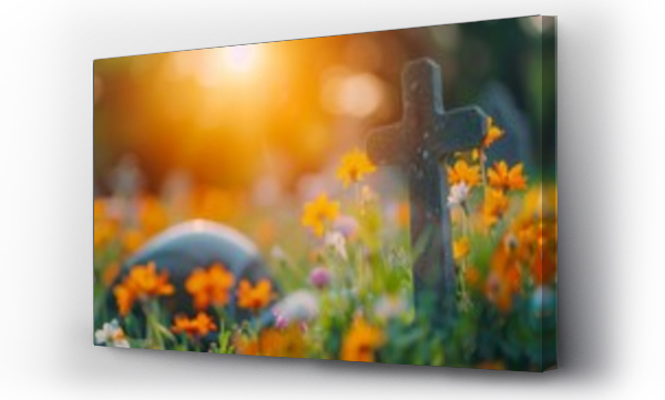 Wizualizacja Obrazu : #767436618 Easter symbolism  cross on empty tombstone in sunrise meadow, religious concept at dawn