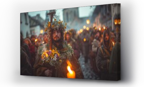Wizualizacja Obrazu : #767745885 A man holds a candle in a crowded city square during a public event