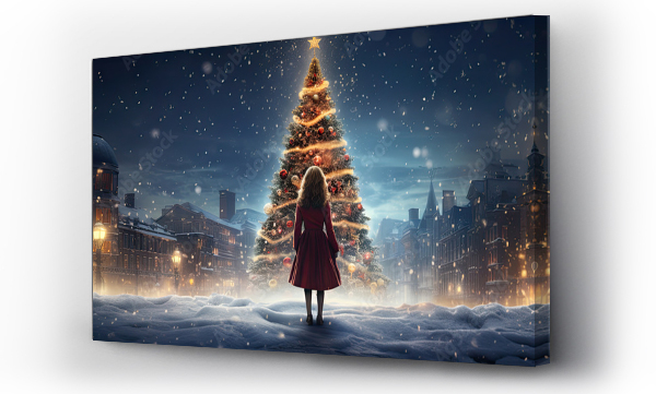 Wizualizacja Obrazu : #767808789 Rear view of girl standing at the city square and looking at Christmas tree in winter time, Christmas tree in evening snow city,