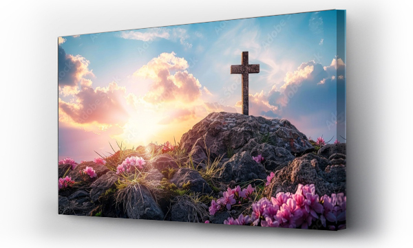 Wizualizacja Obrazu : #768054394 Easter symbolism  empty tomb with cross on meadow at sunrise, depicting good friday concept