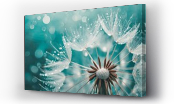 Wizualizacja Obrazu : #768149788 Dandelion Seeds in droplets of water on blue and turquoise beautiful background with soft focus in nature macro.