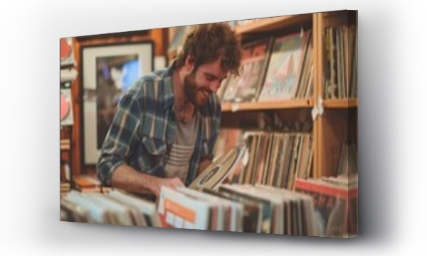 Wizualizacja Obrazu : #768307813 A young, music enthusiast man explores vintage vinyl records in a retro-style shop
