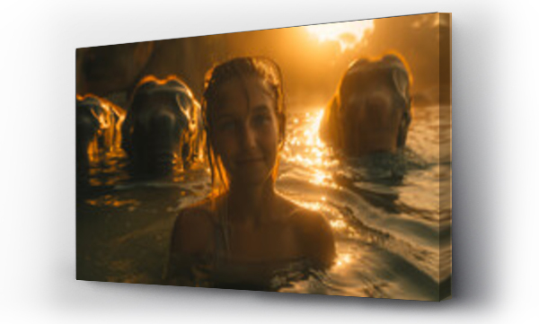 Wizualizacja Obrazu : #769161264 Girl swimming with elephants, beautiful sunset in africa 
