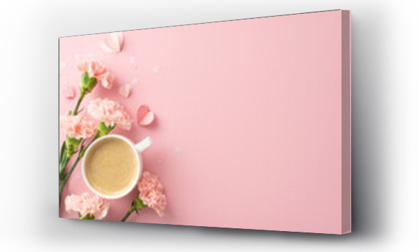 Wizualizacja Obrazu : #769450821 Modern Mothers Day concept. Top view perspective of silky flat white, perky carnations, wee hearts, and confetti on a flamingo pink base, space allocated for text or commercials