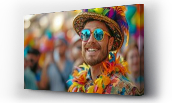 Wizualizacja Obrazu : #769537577 picture of a charming man during a carnival, dressed stylishly, grinning