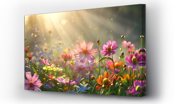 Wizualizacja Obrazu : #769571103 Colorful cosmos flowers in a meadow with sunlight, with a spring background. The artwork is in the style of spring background, Generative AI