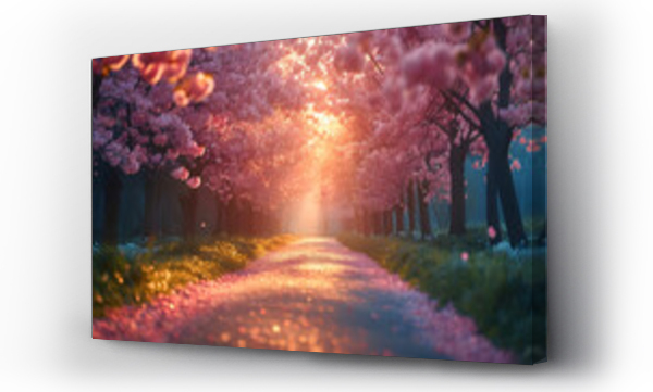 Wizualizacja Obrazu : #773385366 blossoming sakura trees in the light of the sun and sakura petals lie on the paths with copy space and place for text
