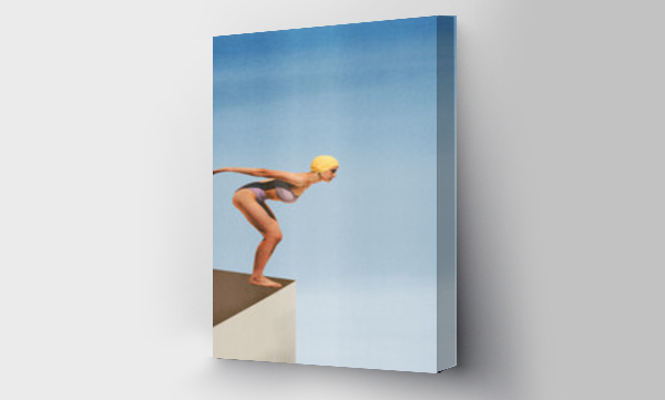 Wizualizacja Obrazu : #773970917 Poster. Contemporary art collage. Young athlete woman in retro swimsuit and cap stands on edge of platform to diving to water. Concept of sport, active lifestyle, tournament. Retro effect, art style.