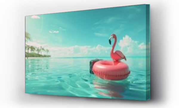 Wizualizacja Obrazu : #780626944 Pink flamingo inflatable belt with travel suitcase in turquoise blue water 3D Rendering. copy space for text.