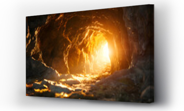 Wizualizacja Obrazu : #781417169 Sunlight streaming into cave entrance, illuminating rocky walls, Jesus tomb stone