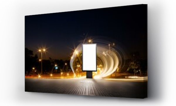 Wizualizacja Obrazu : #781426637 Mockup. Blank white vertical advertising banner billboard stand on the sidewalk at night