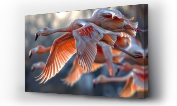 Wizualizacja Obrazu : #783637735 Flock of flamingos taking flight. In a graceful ballet, flamingos soar through the air, their synchronized movements a testament to their unity.