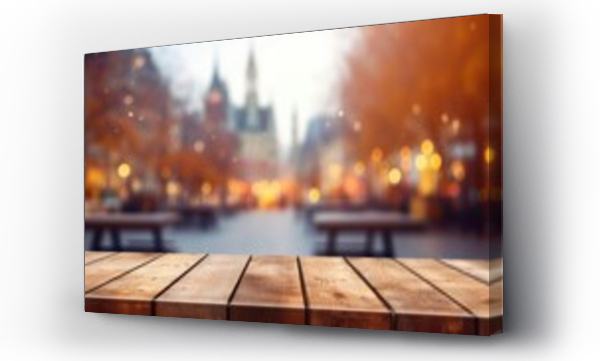 Wizualizacja Obrazu : #784672469 The empty wooden table top with blur background of town square. Exuberant image. generative AI