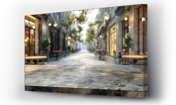 Wizualizacja Obrazu : #785507782 Elegant Stone Tabletop with Dreamy Plaza Backdrop. Concept Stone Tabletop, Elegant Setting, Dreamy Plaza, Backdrop, Outdoor Photoshoot
