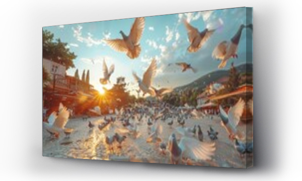 Wizualizacja Obrazu : #785616550 Beautiful sunset scene capturing flying pigeons over an old square in Sarajevo, vibrant with life and nature against a backdrop of historic architecture.