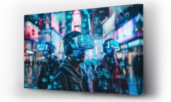 Wizualizacja Obrazu : #787464805 An individual wearing augmented reality glasses, interacting with virtual interfaces and holographic projections in a high-tech urban plaza, highlighting the integration of AI into daily life