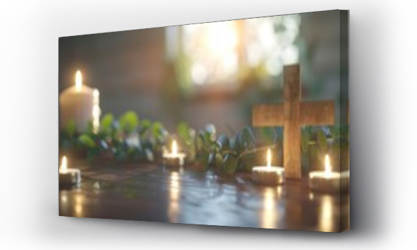 Wizualizacja Obrazu : #791382813 A serene setting with a wooden cross centered among flickering candles and fresh green leaves, symbolizing faith and hope.