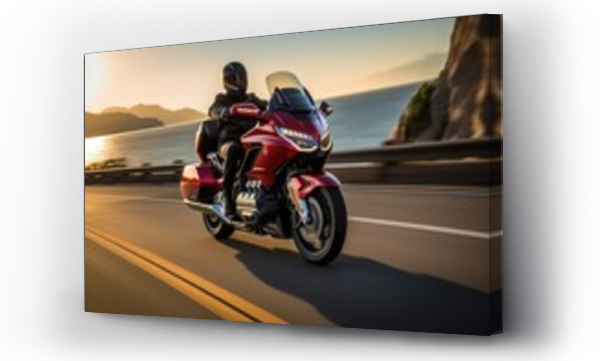 Wizualizacja Obrazu : #801111604 A person on an iconic Triumph Bonneville motorcycle rides down a road. Generative AI