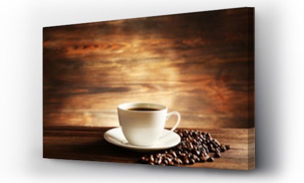 Wizualizacja Obrazu : #81865478 Cup of coffee with grains on wooden background