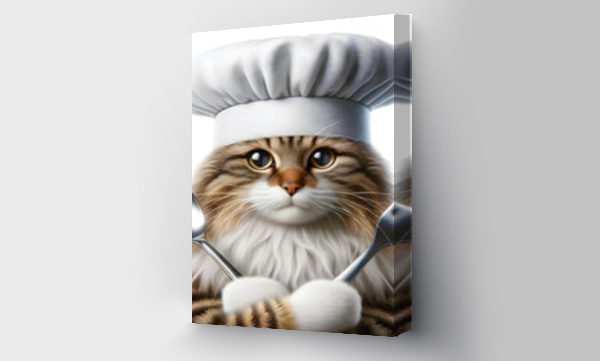 Wizualizacja Obrazu : #826750504 Kolorowy kot kucharz trzymaj?cy ?y?k? i widelec