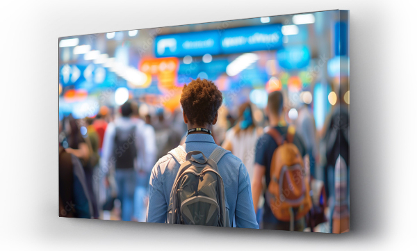 Wizualizacja Obrazu : #828190998 A man with a backpack is walking through a crowded airport terminal. The scene is bustling with people carrying luggage and backpacks, and there are multiple signs and lights in the background