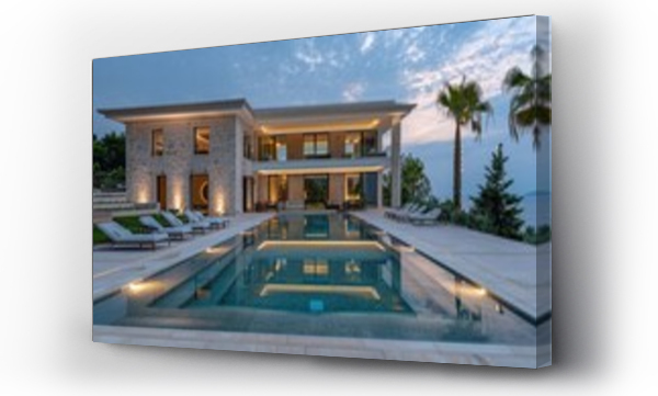 Wizualizacja Obrazu : #838601975 An extra large pool in a Greek architecture luxury stone villa with surrounded by palm trees and modern outdoor seating