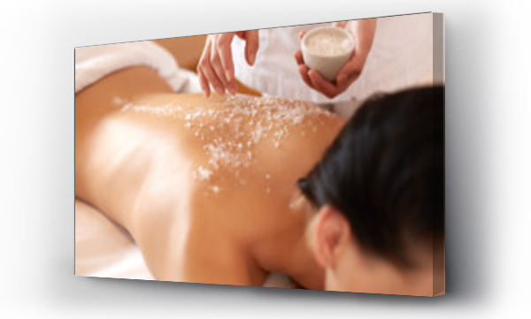 Wizualizacja Obrazu : #85186772 Spa Woman. Brunette Getting a Salt Scrub Beauty Treatment in Salon