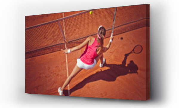 Wizualizacja Obrazu : #85576561 Młoda kobieta grająca w tenisa. Widok pod dużym kątem. Forehand volley.