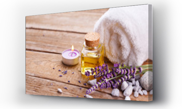 Wizualizacja Obrazu : #87072206 Spa still life with lavender oil, white towel and perfumed candle on natural wood